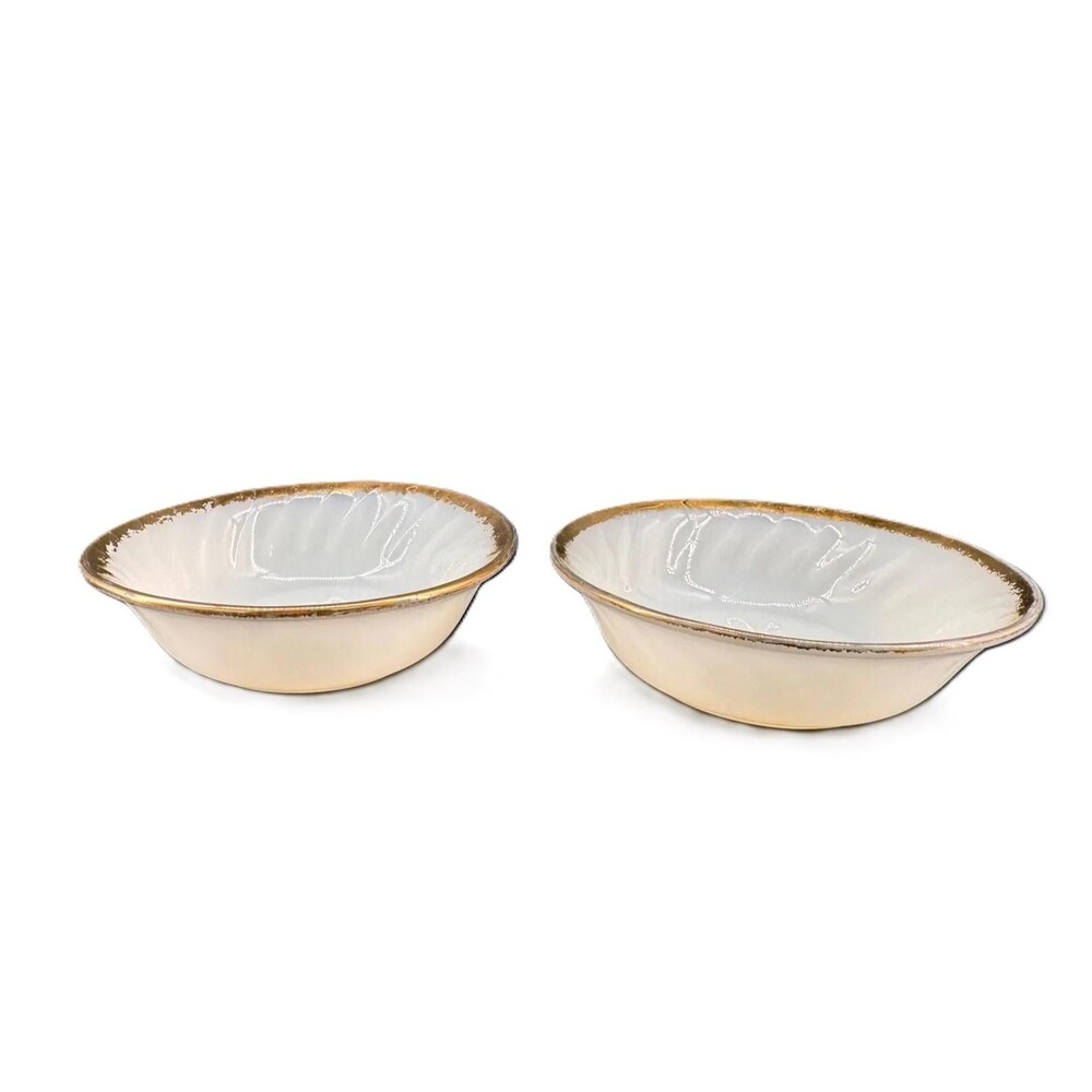 FIRE KING Milk Glass Bowls 22k Gold Rim Swirl Vintage Anchor Hocking Set of 2